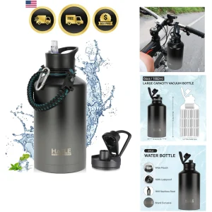 Half Gallon Insulated Water Bottles 64 oz, Stainless Steel Metal Water Jug wi...